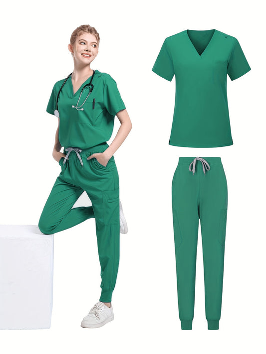 Elegant V-Neck Short Sleeve Scrub Set for Doctors & Spa Professionals - Polyester Blend, Machine Washable with Pockets