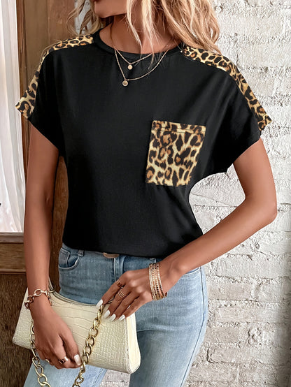 Camiseta de cuello redondo con estampado de leopardo: mangas cortas para un ajuste cómodo, camiseta informal de corte relajado, perfecta para estaciones cálidas, diseñada para la moda femenina