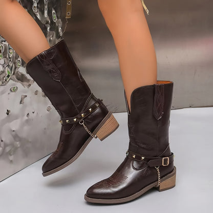 Stylish Metallic Brown Western Block Heel Booties