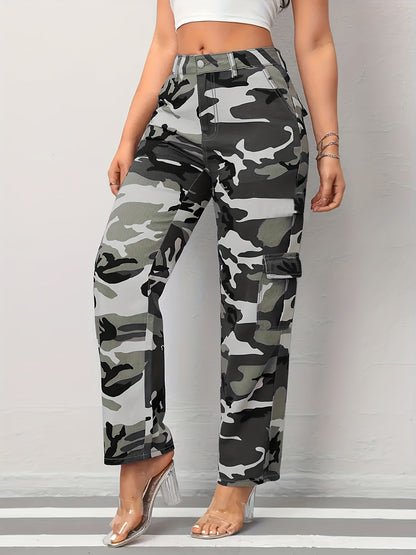 Plus Size Camo Print Side Flap Pocket Streetwear Loose Fit Cargo Jeans - Women's Denim Pants