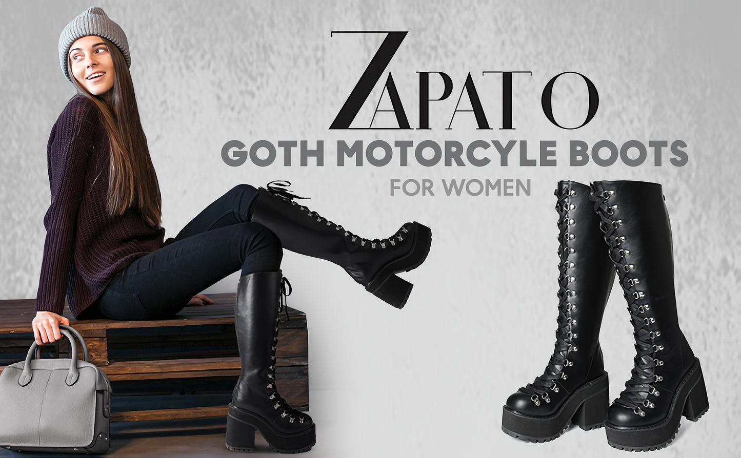 Botas negras hasta la rodilla para mujer, con cuña de pantorrilla ancha y tacones gruesos, con cordones, botas de plataforma góticas, cierre de cremallera, botas de combate estilo punk para motocicleta para mujer