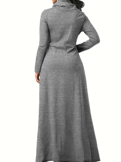 Plus Size Comfort Maxi Dress - Casual Turtleneck with Pockets, All-Season High Stretch & Machine Washable