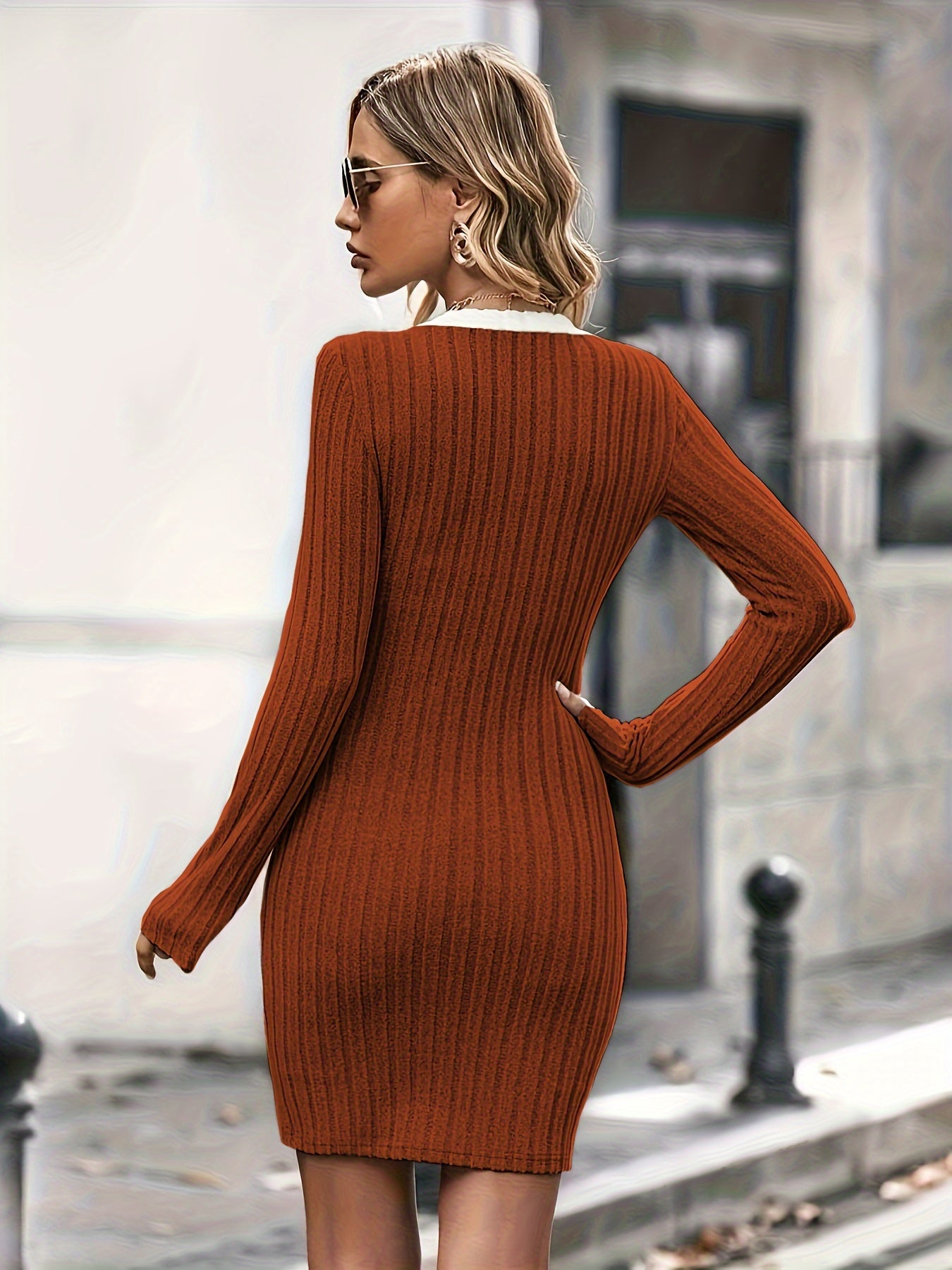 V Neck Ribbed Dress, Elegant Long Sleeve Bodycon Dress, Women's Clothing