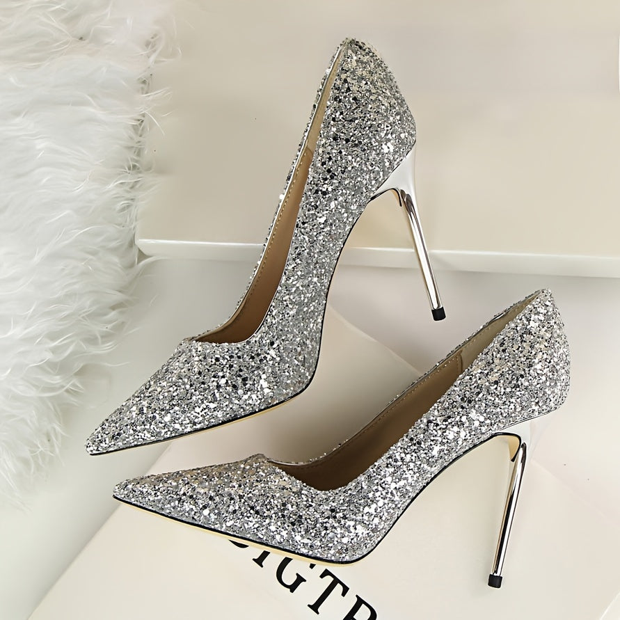 Sparkling Glamour Stilettos: elegantes zapatos de fiesta de tacón alto con punta puntiaguda, deslumbrantes detalles de lentejuelas, cómodas plantillas y resistente contrafuerte para mujer