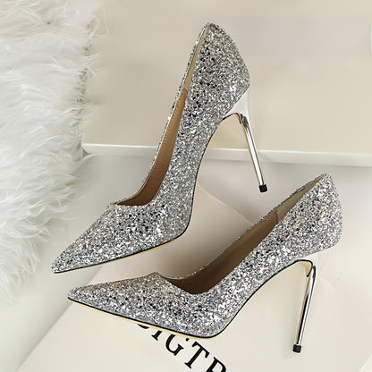 Sparkling Glamour Stilettos: elegantes zapatos de fiesta de tacón alto con punta puntiaguda, deslumbrantes detalles de lentejuelas, cómodas plantillas y resistente contrafuerte para mujer