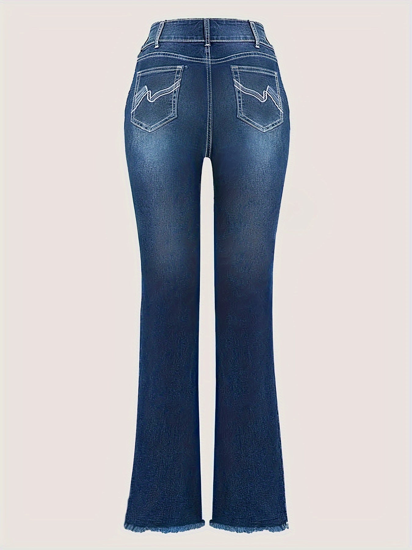 Plus size flare leg embroidered jeans with raw hem and back pockets in blue denim fabric, perfect for casual daily wear.