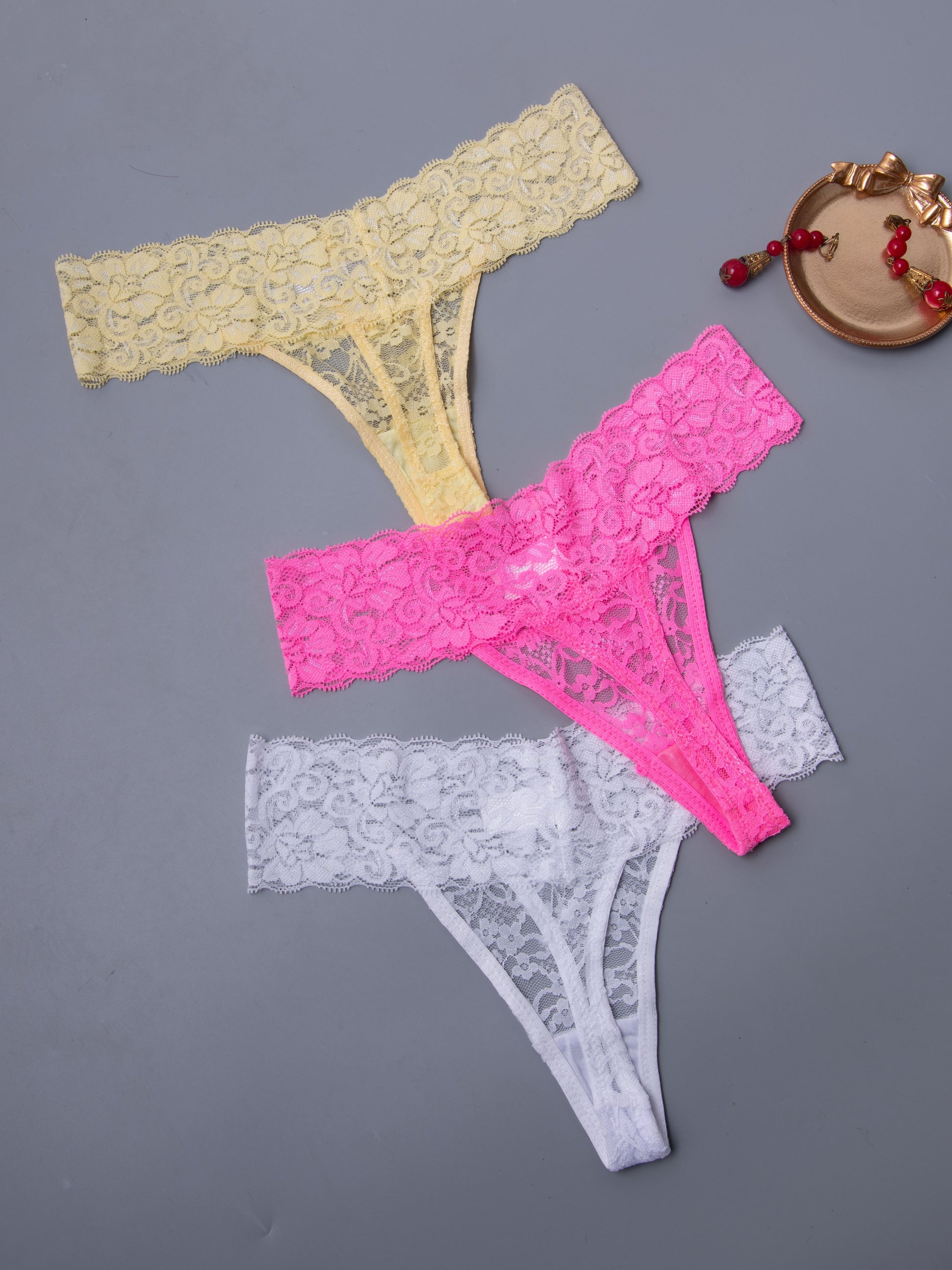 Sexy Low Waist Floral Lace Thongs - 3 Pcs Set - LuxyXO