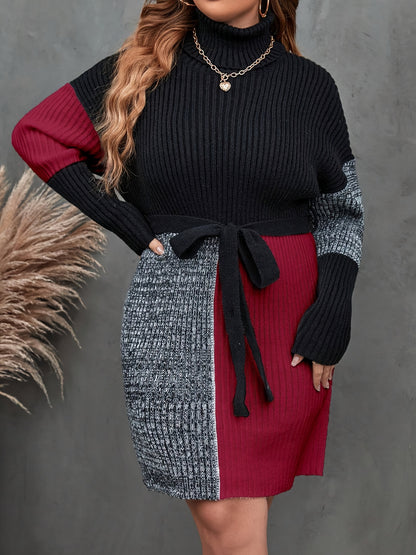 Women'S Long-Sleeve Turtleneck Top, Color-Blocked Casual Dress, Plus-Size Sweater Dress