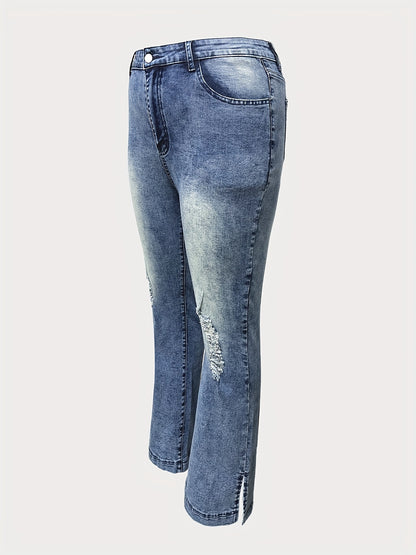 Plus size women's streetwear jeans with ripped design, split hem, washed blue color, zipper button closure, and slash pockets.