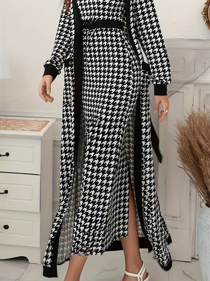 Houndstooth Print Elegant Skirt Set, Crew Neck Sleeveless Slim Dress & Open Front Long Sleeve Jacket Outfits, Women's Clothing