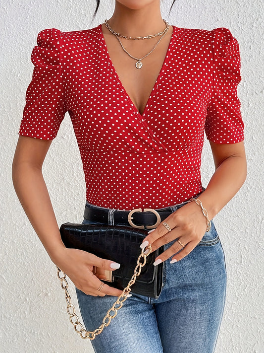 Blusa con escote en V y estampado integral, blusa vintage con mangas abullonadas para primavera y verano, ropa de mujer