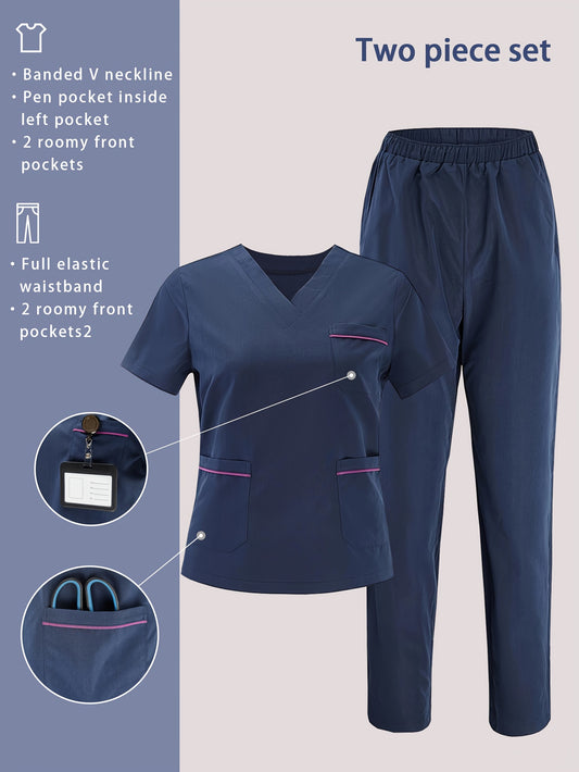 Women's V-Neck Medical Scrub Set with Multiple Pockets - Short Sleeve & Long Pants, Solid Color Nurse Uniform for Work in Hospitals and Pharmacies