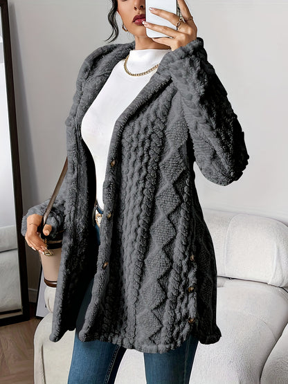 Button Front Hoodie Teddy Coat, Casual Long Sleeve Textured Fluffy Coat For Fall & Winter, Women's Clothing