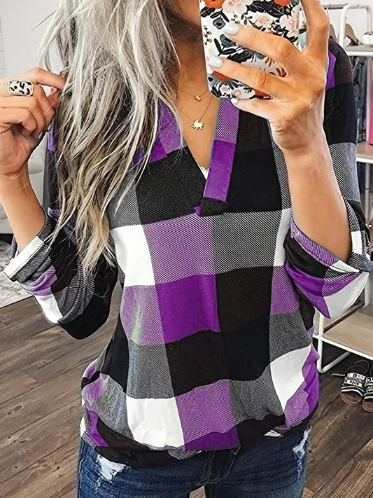 Stylish Plaid Flannel Shirt - Soft Long Sleeve V-Neck Top with Relaxed Fit for Everyday Wear, Women's Casual Clothing for Autumn and Winter Season