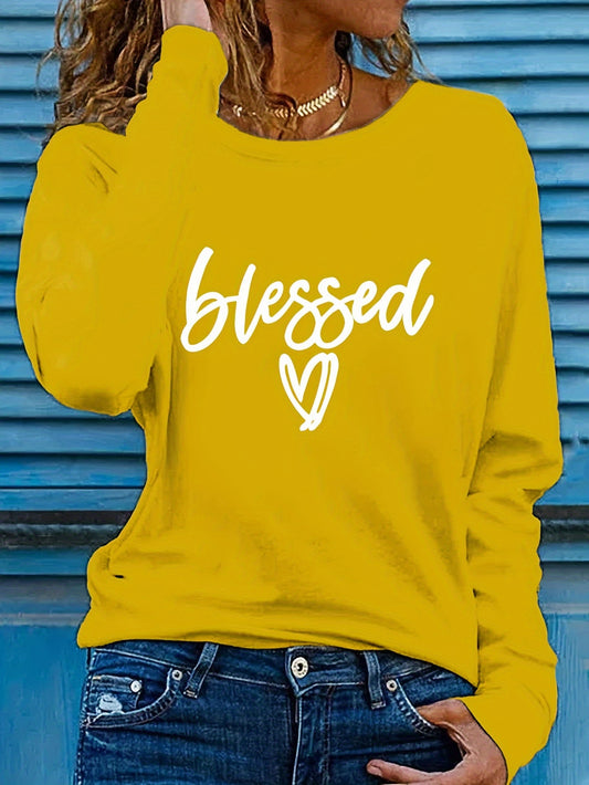 Sudadera de manga larga con aplique de corazón "Blessed" para mujer, corte regular