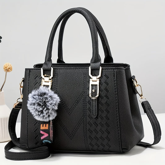 Elegant Women's Fashion Tote Bag With Pom-Pom Charm, Embroidered Faux Leather Handbag