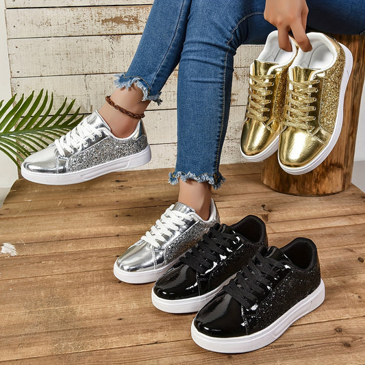 Vibrant Sparkly Sequins Low Top Sneakers - Comfortable Lace-Up Fabric Insole EVA Sole Microfiber Shoes for Everyday Casual Walking and Fashion Wear