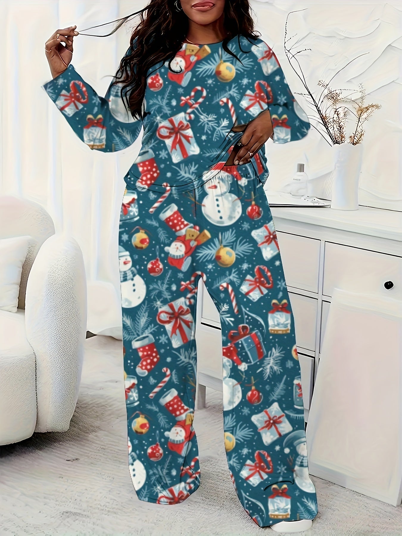 Women'S Plus Size Christmas Print Casual Long Sleeve Set, Polyester Knit Fabric, Round Neck, Full-Body Print, Comfort Fit, Lounge Wear