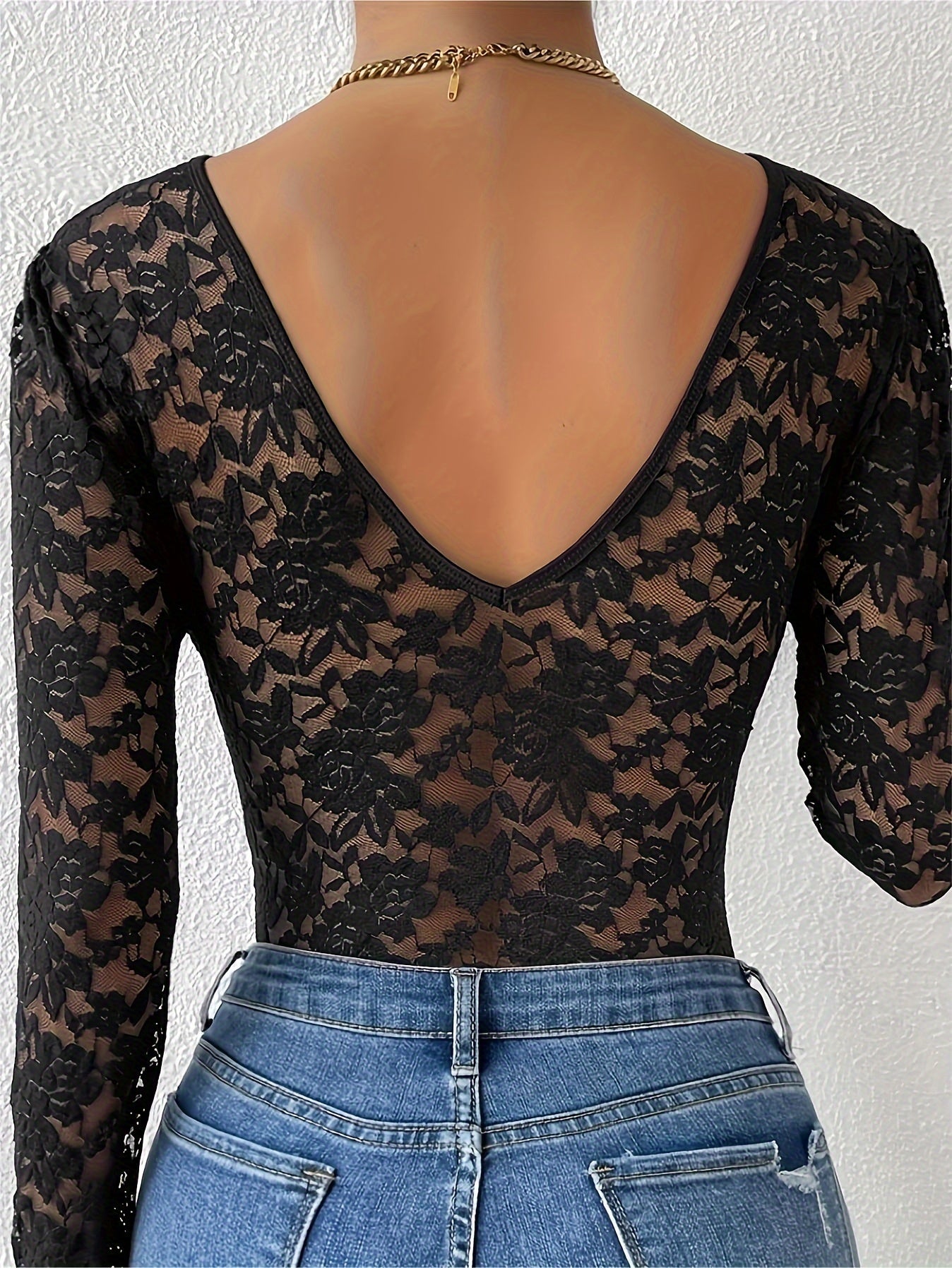 Sexy Lace Long Sleeve Bodysuit for Women - V-Neck, Semi-Sheer Floral Print, Stretch Fit