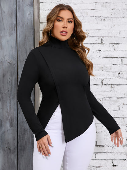 Plus Size Long Sleeve Irregular Split Hem T-shirt, Solid Color, High Neck, Women's Casual Sports Wear