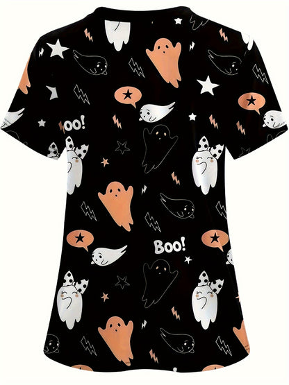 Women's Vintage Ghost Print Scrub Top - Comfortable & Stylish Healthcare Uniform with Pockets, Perfect for Hospitals & Dental Clinics