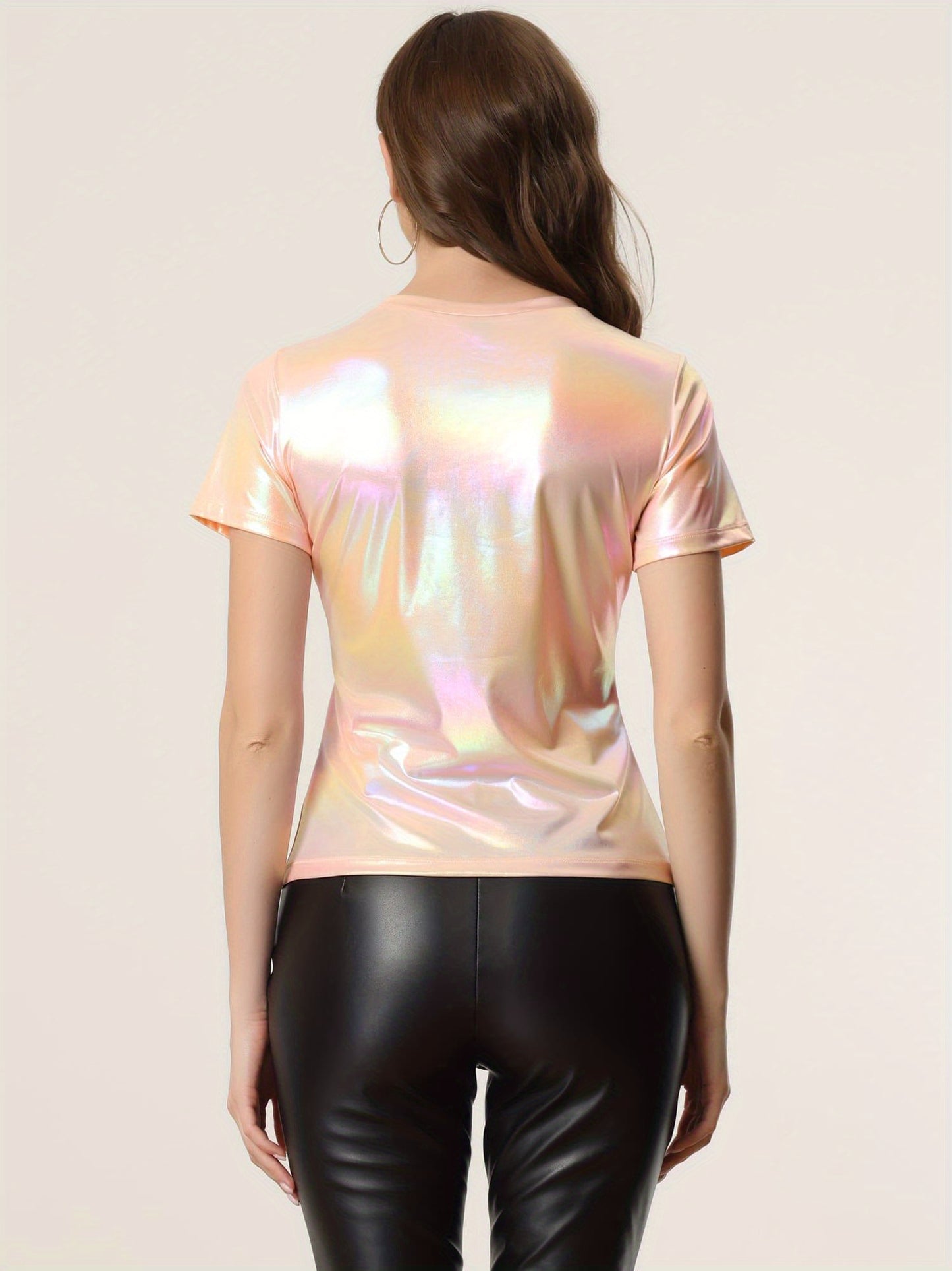 Camiseta holográfica brillante para mujer, mezcla de dacrón y licra, cuello redondo, largo normal, color liso, tela tejida, para verano, estilo sexy