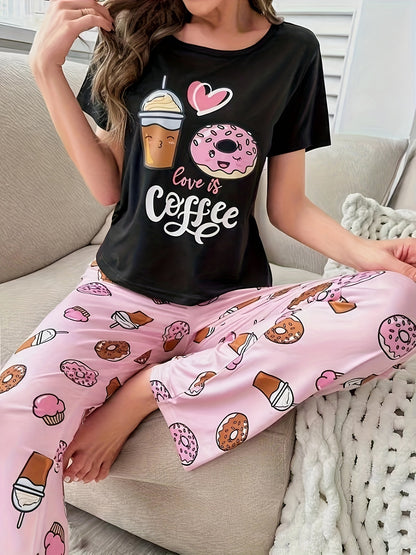 Chic Coffee & Donut Print Pajama Set - Comfy Short Sleeve & Stretch Waist Sleepwear for Women