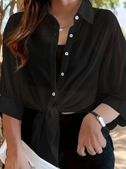 Plus Size Chic Solid Collared Blouse - Comfortable 3/4 Sleeves, Versatile Button Design - Perfect for Spring & Fall - Womens Fashionable Plus Size Wardrobe Staple