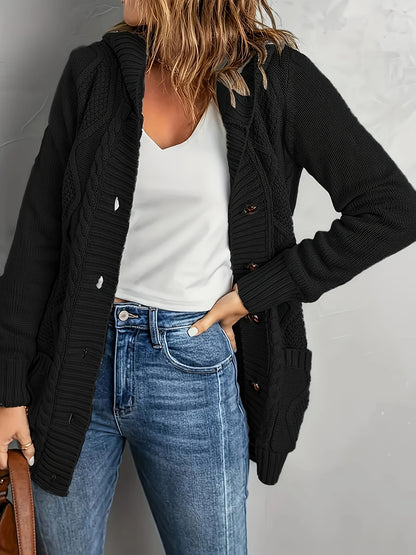 Plus Size Womens Cozy Hooded Cardigan - Soft High Stretch Long Sleeve Button Up with Pockets for Fall/Winter - Polyester Knit Fabric, Solid Color, Casual Oversized Style