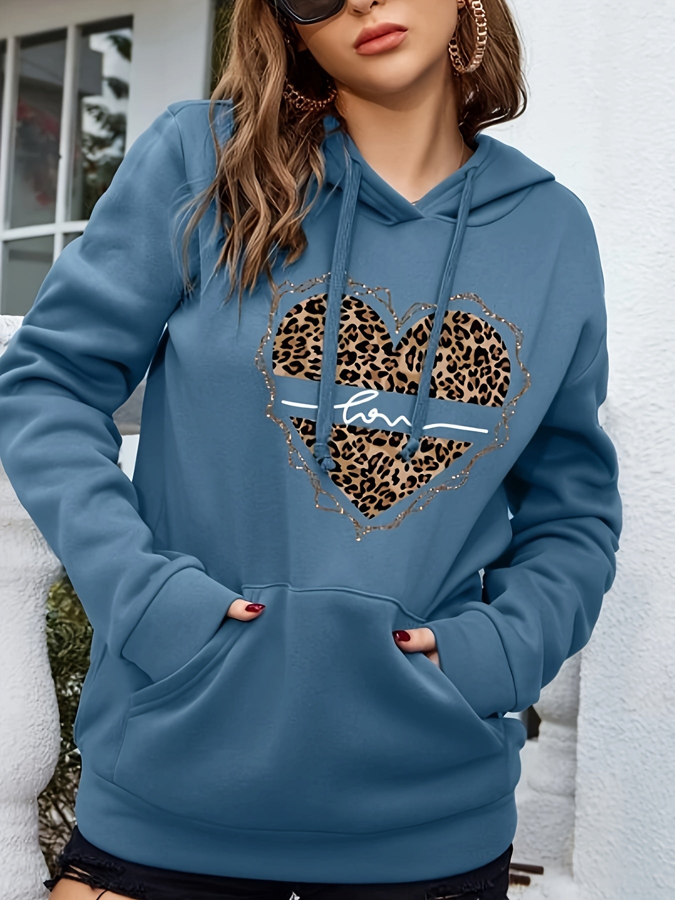 Leopard Print Drawstring Hoodie, Casual Long Sleeve Drop Shoulder Hoodie, Women's Clothing, Valentine's Day