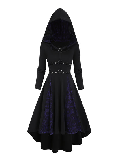 1pc Elegant Polyester Hooded Dress with Contrast Lace and Skull Pattern, Long Sleeve Color Block with O-Ring Detail, Knit Fabric A-Line Skater Dress for Adults, Fall/Winter Collection