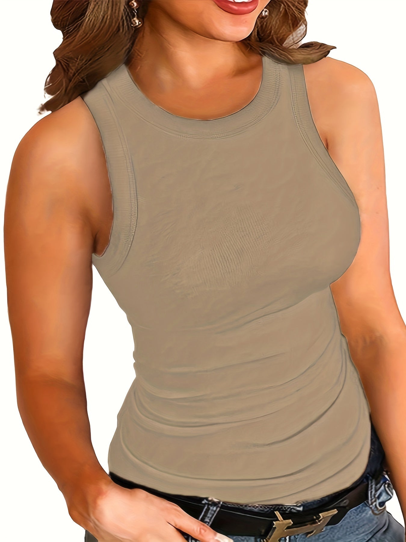 Plus Size Solid Crew Neck Sleeveless Vest Top - Soft Slight Stretch Polyester Fabric, Casual Pullover for Weekend, All Seasons - Oversized, No Belt, No Printing, No Sheer