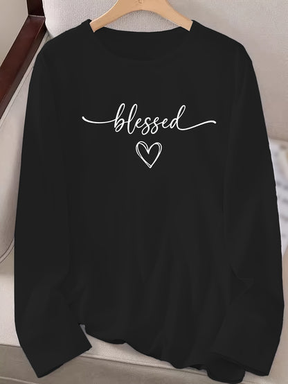 1 camiseta informal de cuello redondo y manga larga para mujer con gráfico de corazón "Blessed"