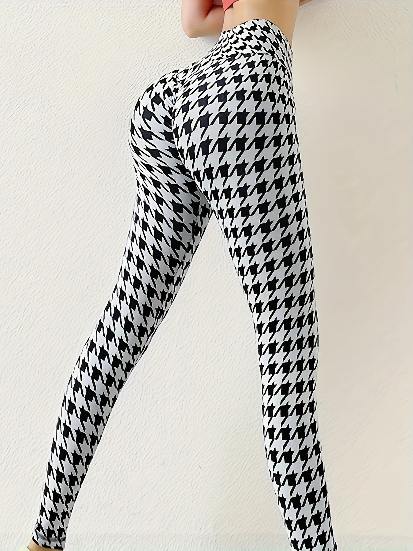 Plus Size Women's Houndstooth Print Skinny Leggings - High Waist, Stretchy, Comfortable, Casual Every Day Wear - Soft, Breathable, Four-Way Stretch Fabric, Wide Waistband, Flattering Fit