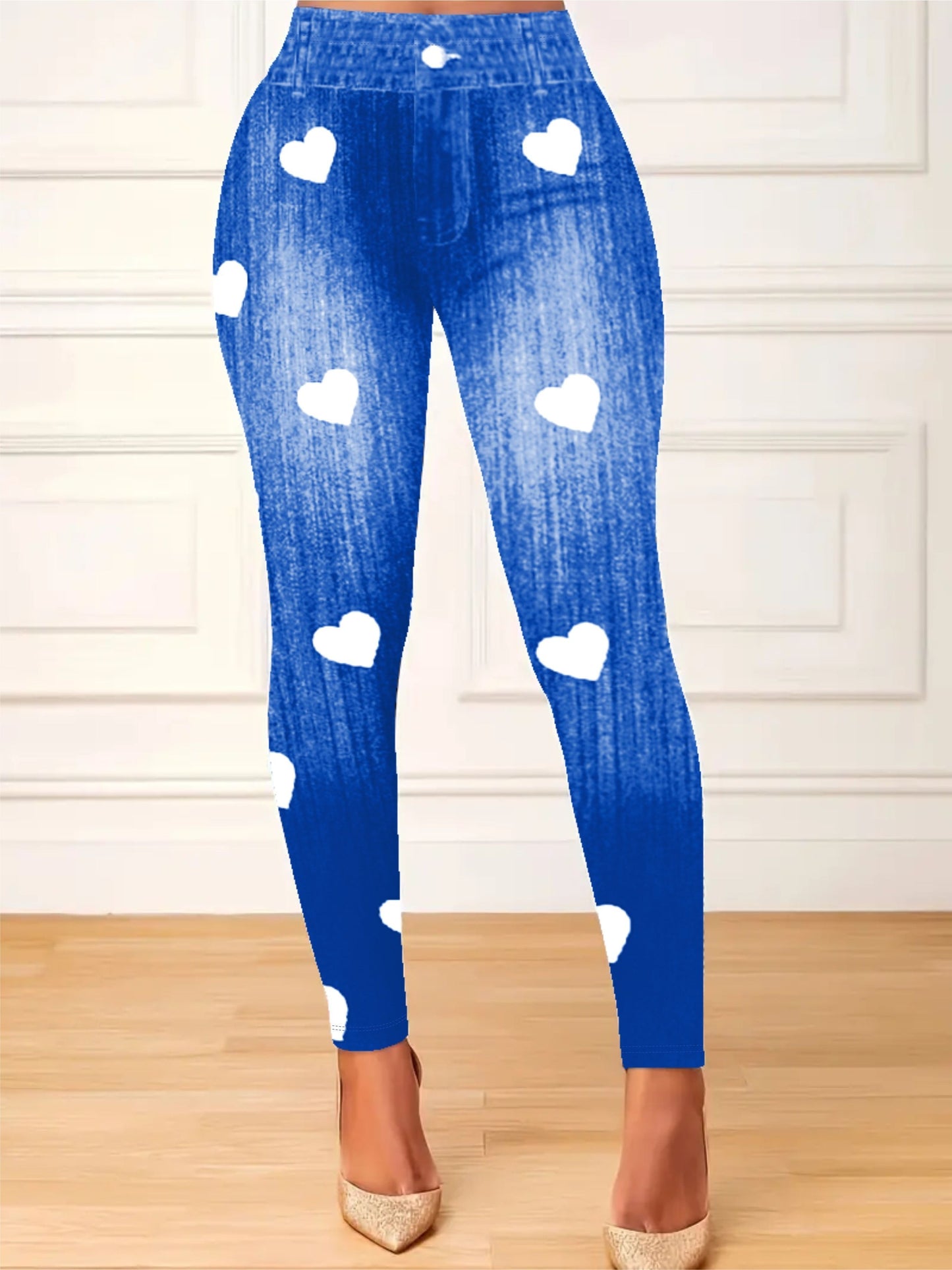 Leggings ajustados con estampado de corazones de talla grande: ultra cómodos, de cintura alta, elásticos y de tela suave: perfectos para uso diario informal, ropa de talla grande para mujer para aumentar la confianza