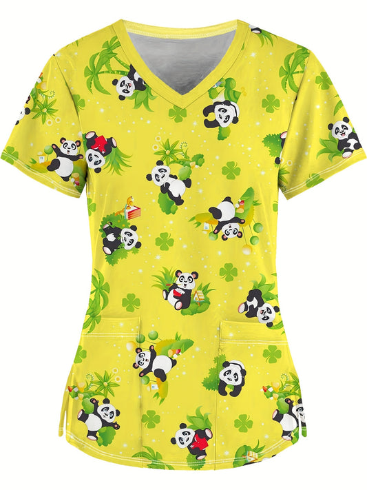 Chic Panda Print V-Neck Scrub Top with Functional Pockets - Comfortable & Stretchy Healthcare Uniform for Women, Short Sleeve