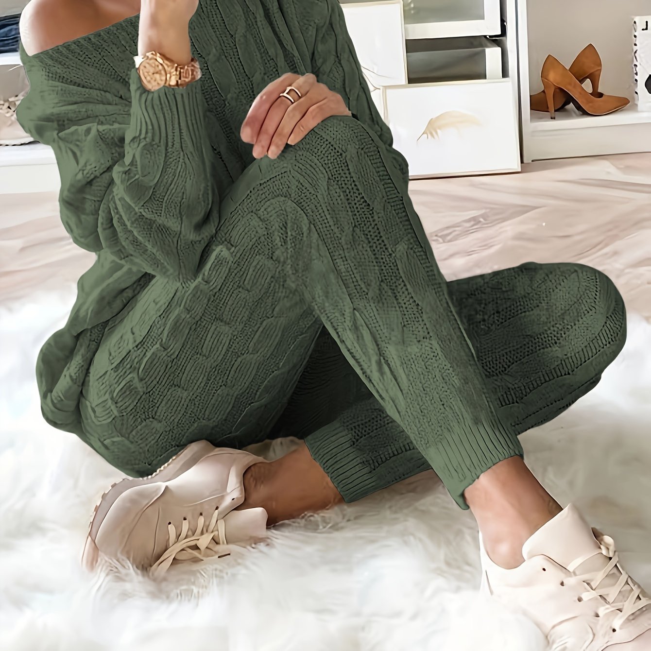 Solid Knitted Matching Two-piece Set, Casual Long Sleeve Sweater & Pants Outfit