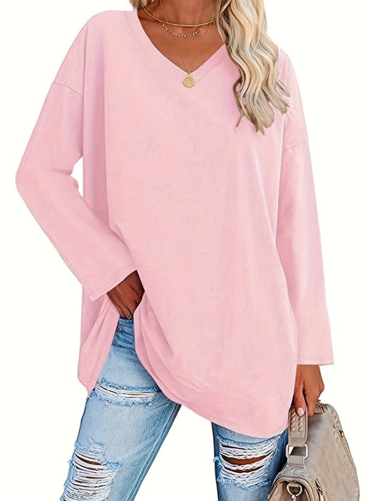 Elegante camiseta de manga larga con escote en V y color liso de talla grande - Camisetas de talla grande - Top informal, suave, transpirable y cómodo para las temporadas de primavera y otoño - Ropa de moda para mujer