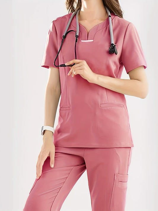 Vibrant Solid Color V-Neck Short Sleeve Scrubs Top - Dual Functional Pockets, Comfortable Healthcare Uniform for Hospital, Women's Medical Clothing with Breathable Fabric and Easy Care