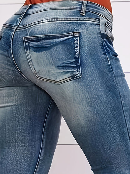 Pantalones vaqueros elásticos de talla grande y ajuste cómodo: botones laterales decorativos, estilo informal, tela suave, corte favorecedor, jeans y ropa de mujer para uso diario