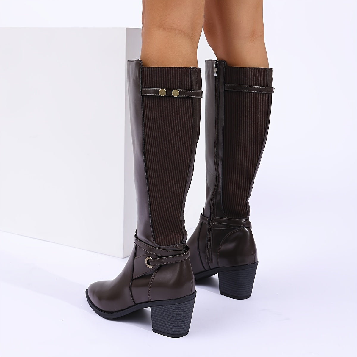 1pr Elegant Solid Color Knee-High Boots for Women, Pointed Toe Block Heel, Side Zipper Closure, Comfortable Fabric Lined, Rubber Sole, All-Season Dress Boots