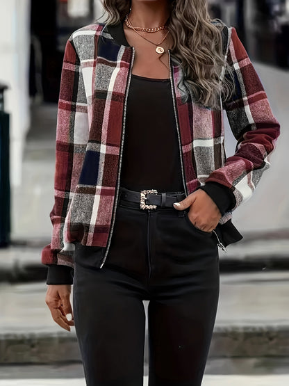 Plus Size Womens Plaid Bomber Jacket - Stylish Casual Wear with Smooth Zipper Closure and Flattering Slim Fit - Fashionable Plaid Pattern, Comfortable Long Sleeves for Everyday Chic