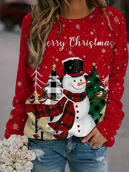 Cozy Snowman Print Pullover Sweatshirt - Soft, Casual, Long Sleeve Crew Neck Design for Fall & Winter - Women's Comfortable Clothing for Everyday Wear