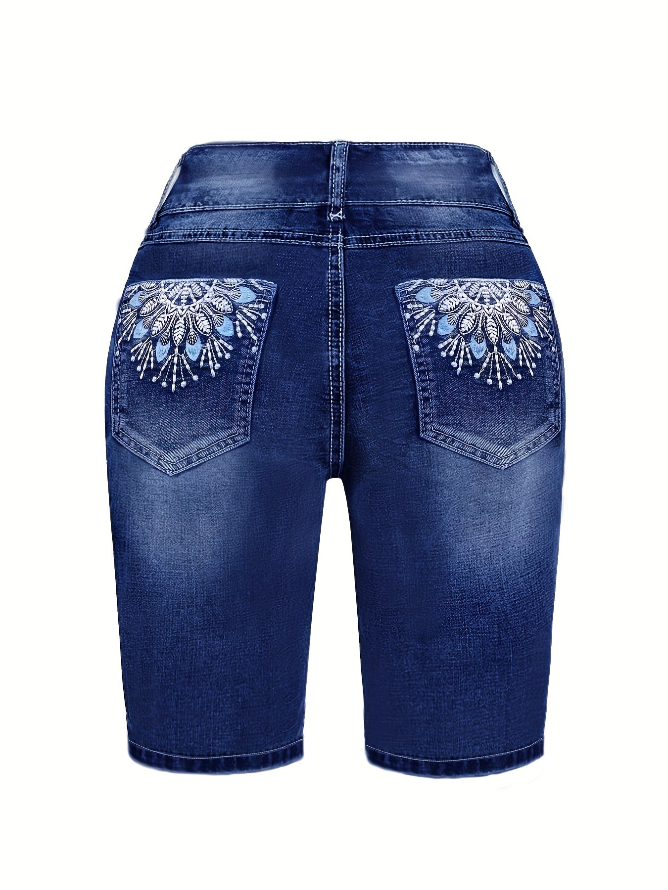 Plus Size Whisker Embroidered Floral Bermuda Shorts - Stretchy Retro Denim Jeans with Back Pocket, Comfortable Women's Clothing for Summer