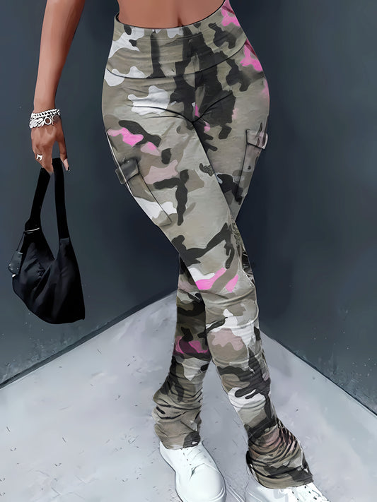 Camo Print Flap Pockets Cargo Pants, Stylish High Waist Slim Pants For Spring & Fall, Women's Clothing