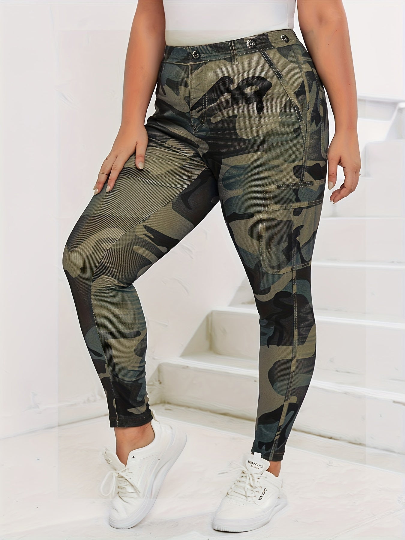 Leggings ajustados con estampado de camuflaje de talla grande y elásticos: leggings de cintura alta, cómodos, suaves y transpirables para primavera y verano: ropa de talla grande para mujeres con curvas