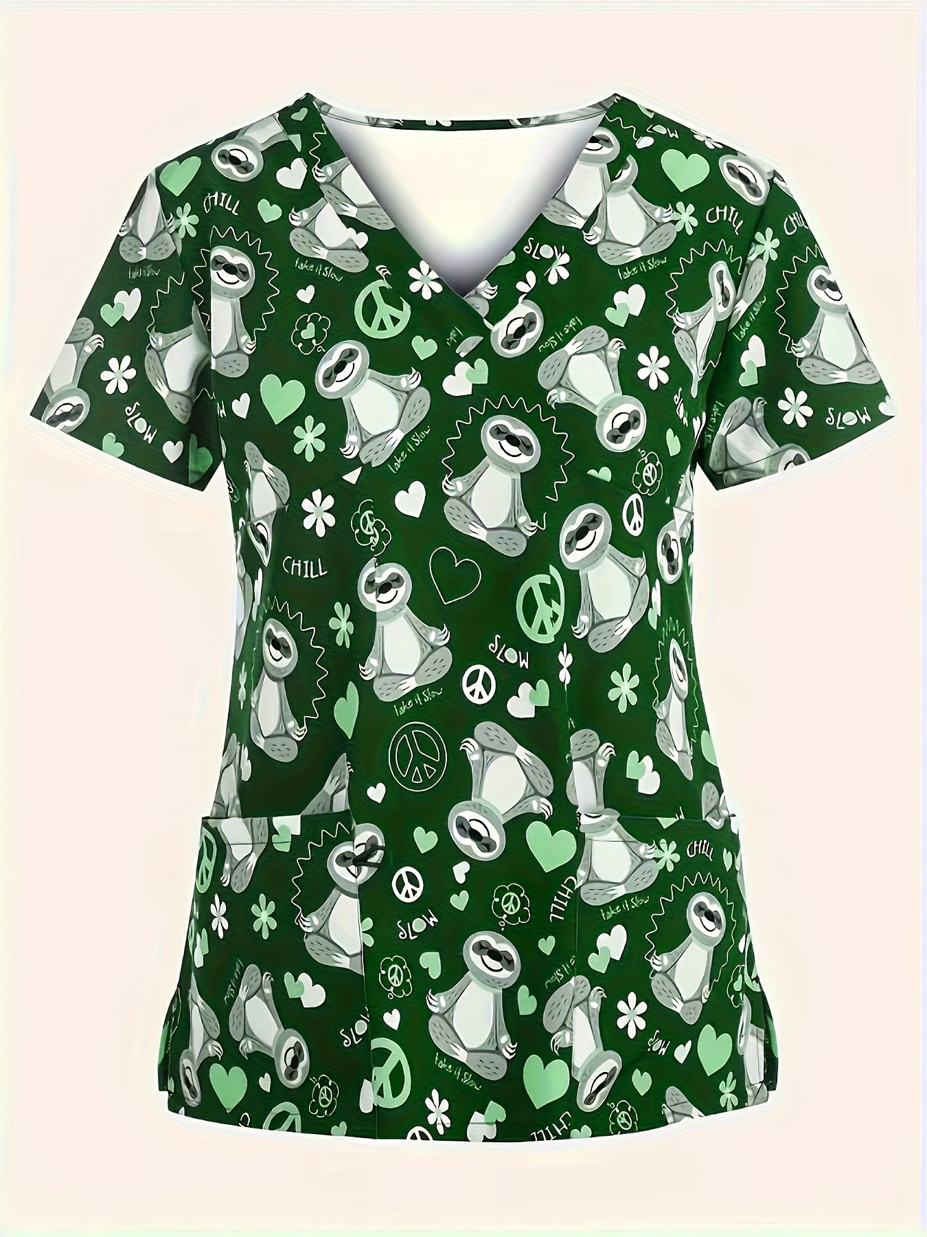 Sloth Print V-Neck Comfort Scrub Top - Soft, Breathable, and Functional Healthcare Uniform for Women - Perfect for Hospital, Dental Office, and Medical Professionals