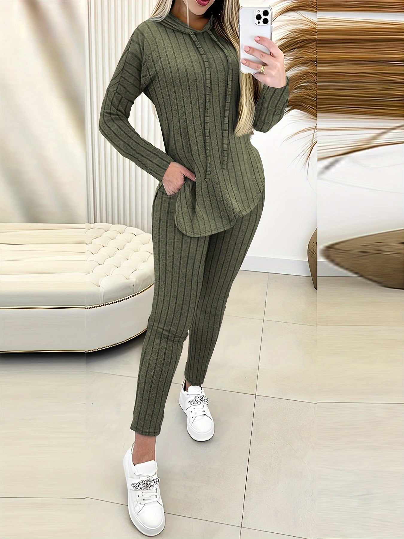 Conjunto elegante con capucha para mujer de talla grande: blusa de manga larga de punto acanalado acogedor con cordón y leggings a juego: ropa informal cómoda de 2 piezas para un estilo moderno