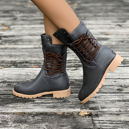 Women's Fashionable Mid-Calf Boots with Rivet Detail - Chunky Heel, Plush Lined for Winter Comfort, Side Zipper Closure