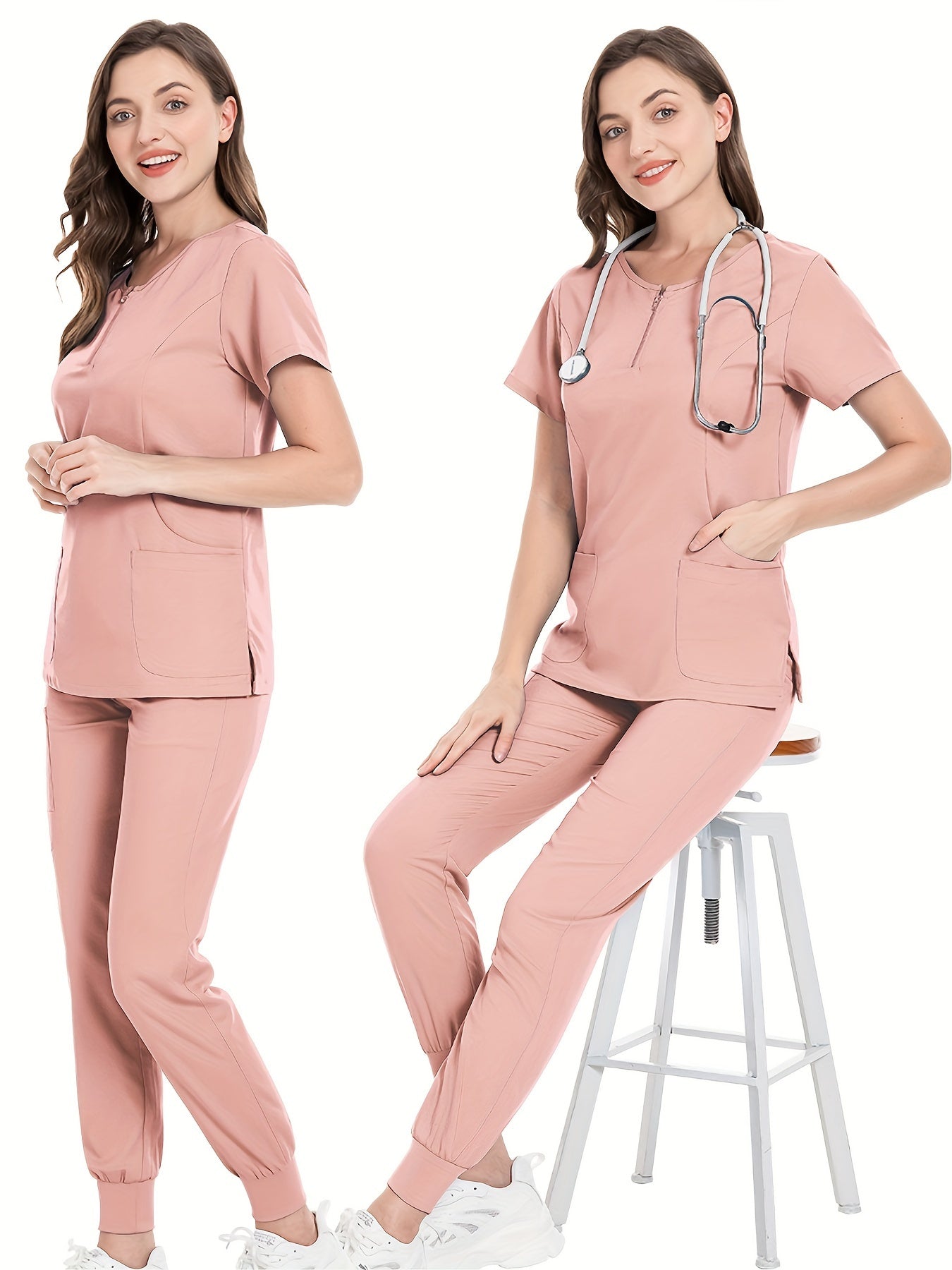 Two-Piece Comfortable Nurse Uniform Set - Soft, Slight Stretch, Crew Neck, Two Front Pockets, Drawstring Waist, Machine Washable, Easy Care